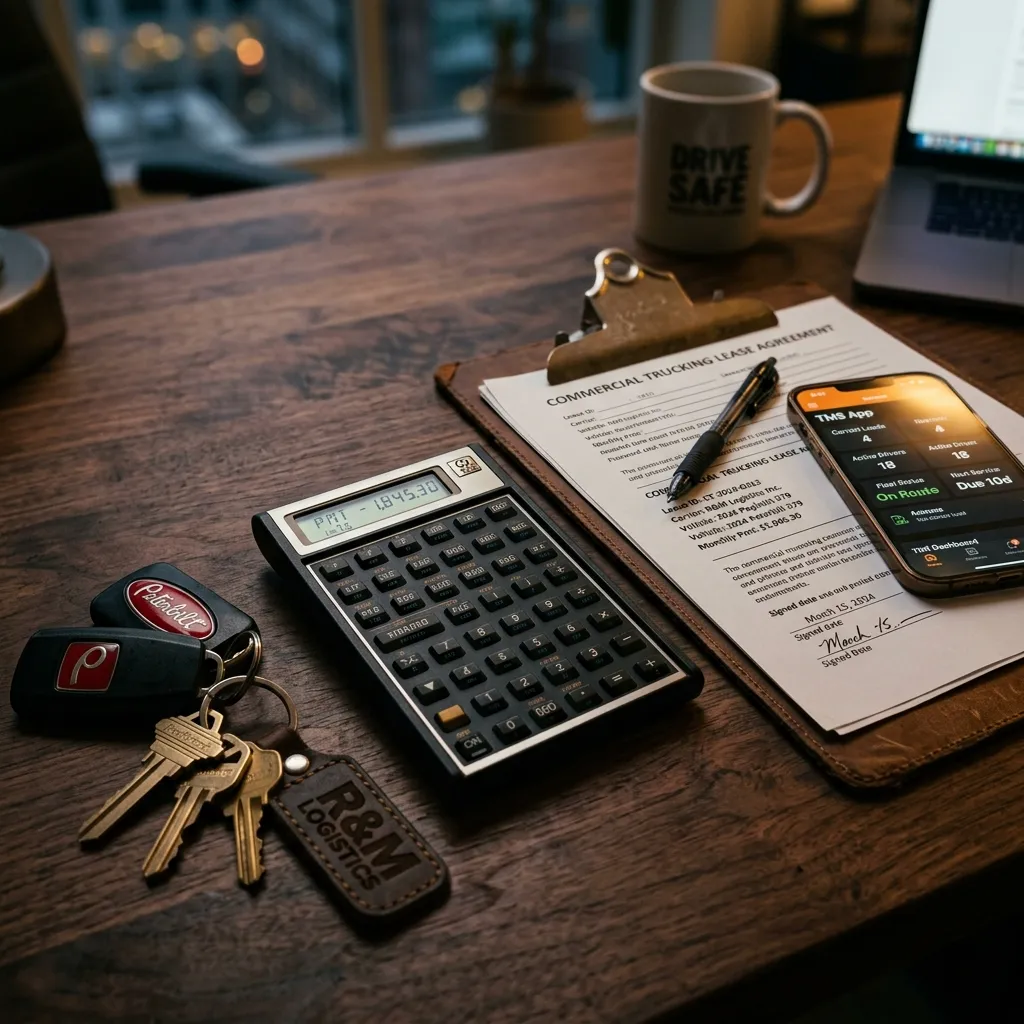 A professional financial calculator on a desk next to truck keys and a commercial trucking lease document, representing the careful calculation of startup costs for a hotshot trucking business