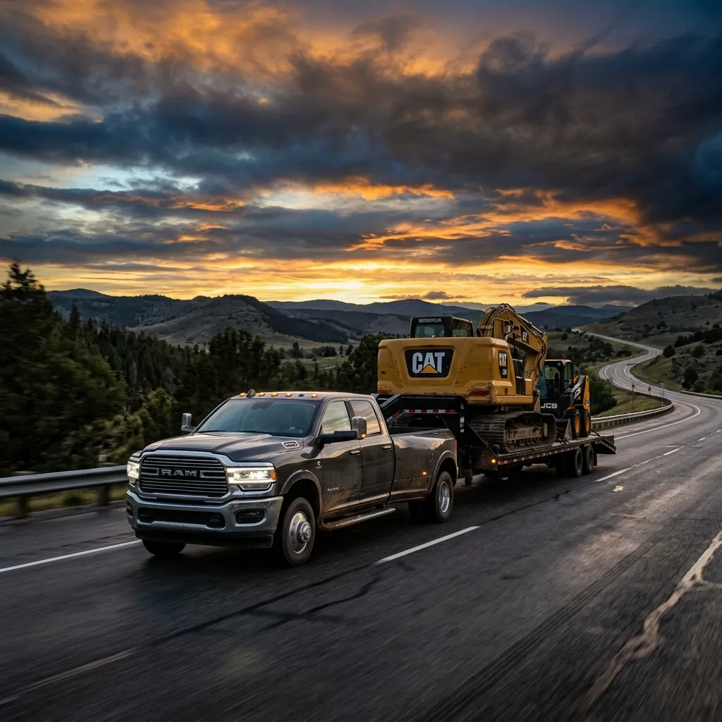 A Ram 3500 dually pickup truck with a flatbed gooseneck trailer loaded with construction equipment on a highway at golden hour — hotshot trucking startup costs in 2026