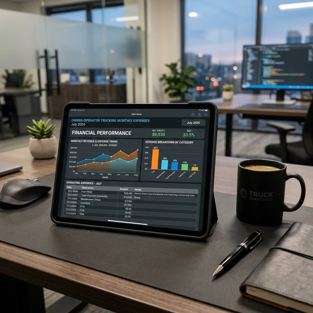 A digital tablet displaying spreadsheets of owner-operator trucking monthly expenses next to a coffee mug