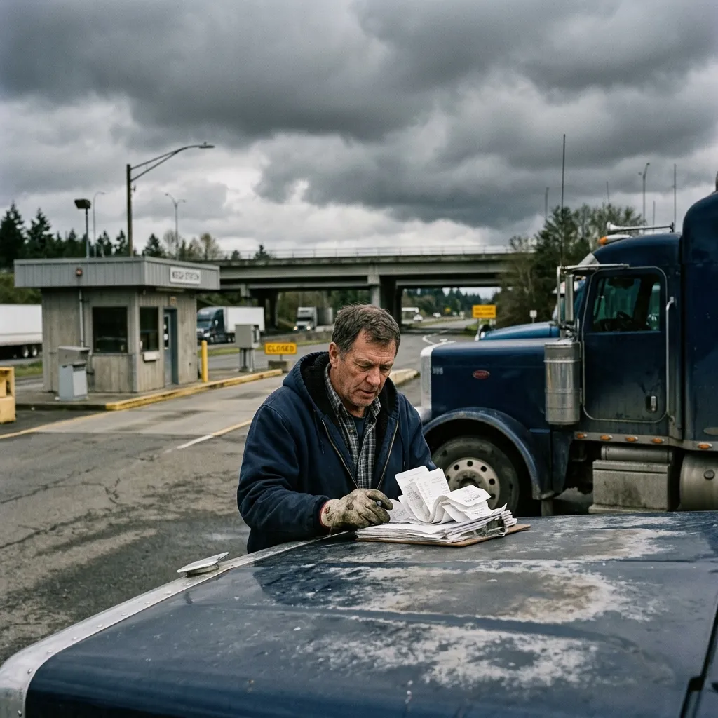 A Class 8 semi truck parked at a weigh station while the owner-operator reviews monthly expense paperwork on the hood, overcast sky, documentary style